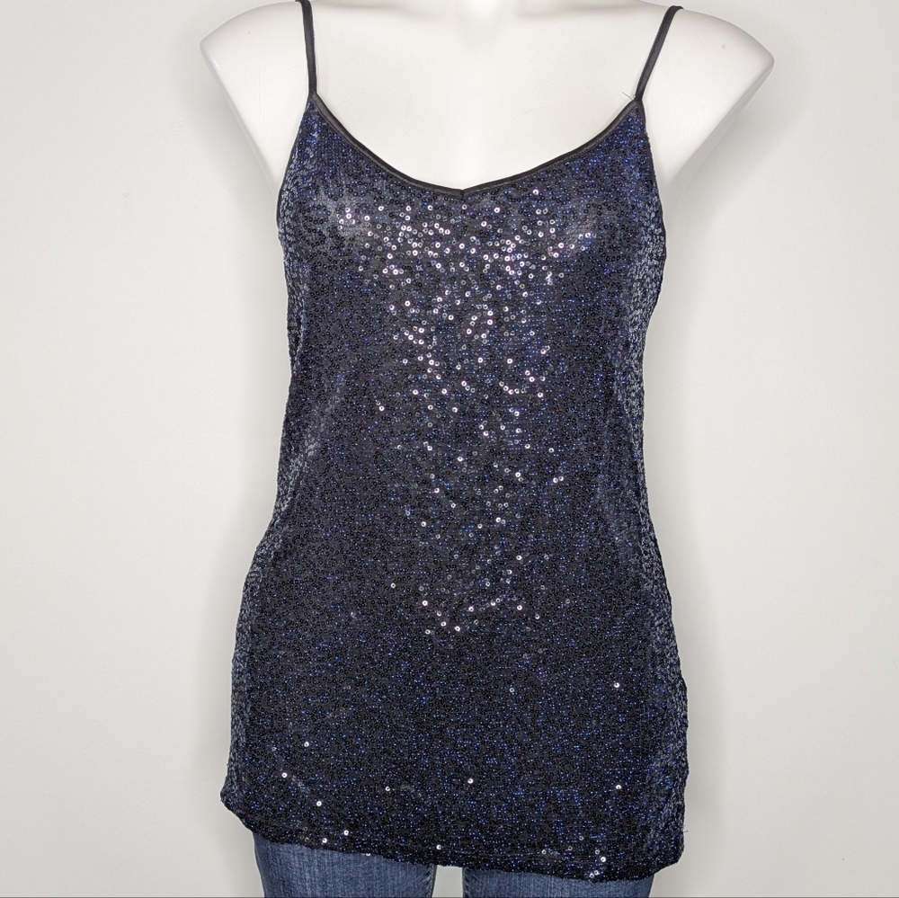 Express Black Blue Metallic Shimmer Sequin Spaghetti Strap Tank Top S
